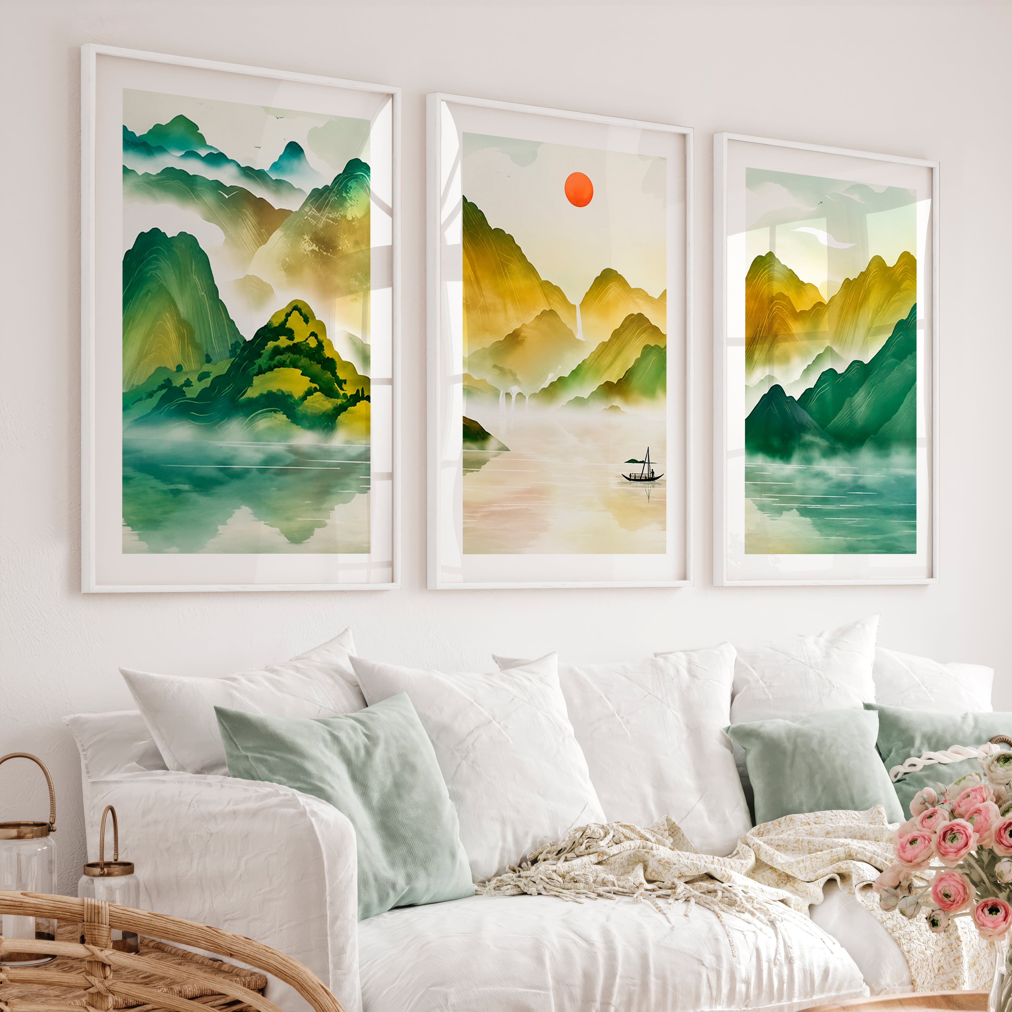 Japanese Sun Art Featuring Tall Trees and Misty Mountains - White Framed Poster with White Border - Artworksets