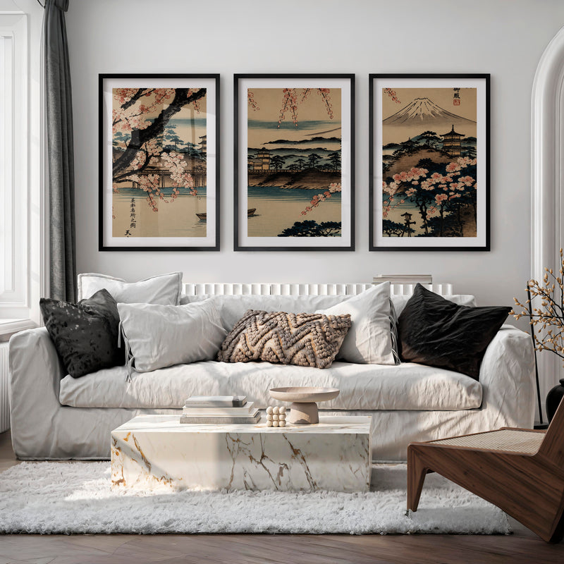 Japanese Wall Art Featuring Abstract Trees in Green Hues - Black Framed Poster with White Border - Artworksets
