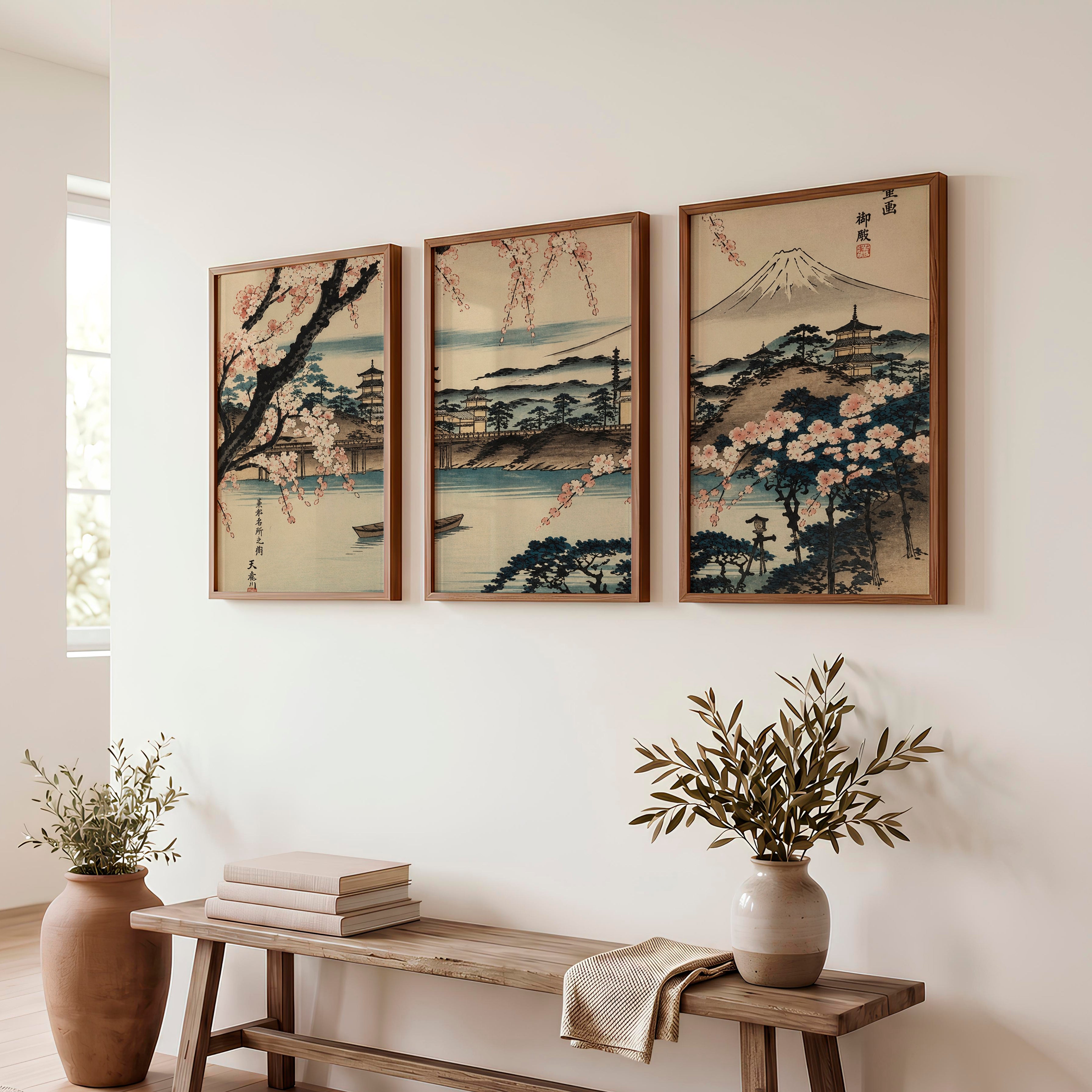 Japanese Wall Art Featuring Abstract Trees in Green Hues - Dark Brown Framed Poster No Border - Artworksets