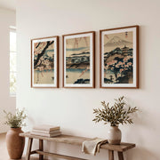Japanese Wall Art Featuring Abstract Trees in Green Hues - Dark Brown Framed Poster with White Border - Artworksets