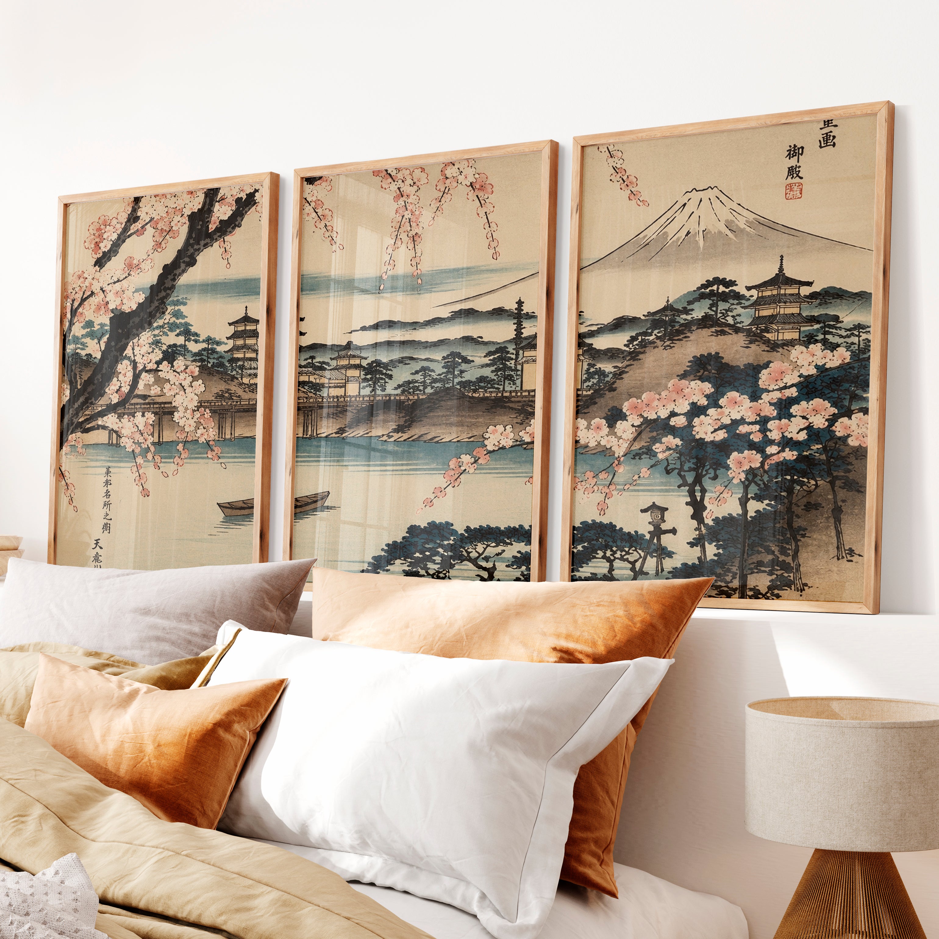 Japanese Wall Art Featuring Abstract Trees in Green Hues - Natural Wood Framed Poster No Border - Artworksets