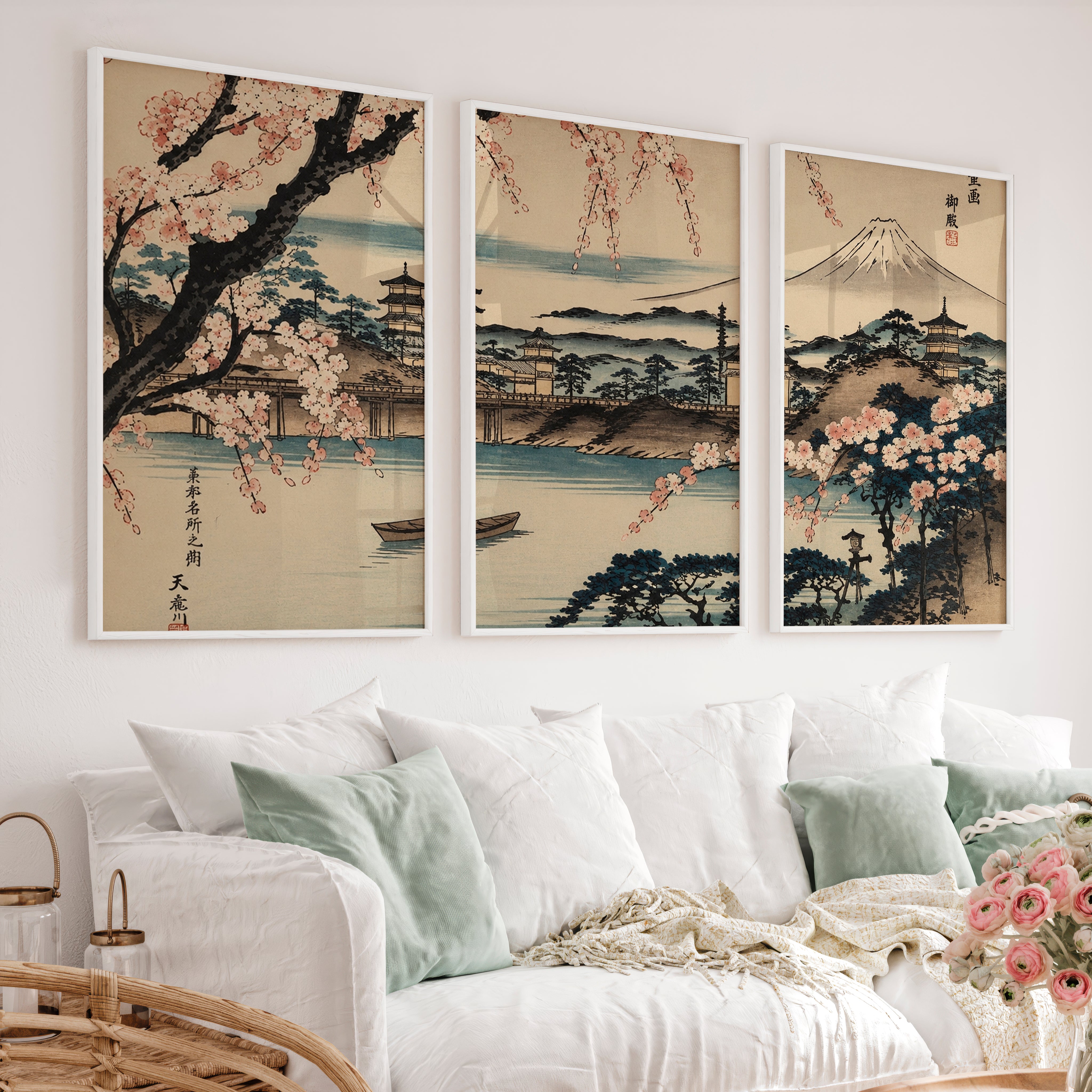 Japanese Wall Art Featuring Abstract Trees in Green Hues - White Framed Poster No Border - Artworksets