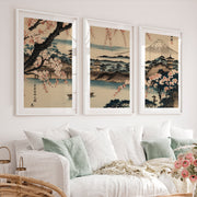 Japanese Wall Art Featuring Abstract Trees in Green Hues - White Framed Poster with White Border - Artworksets