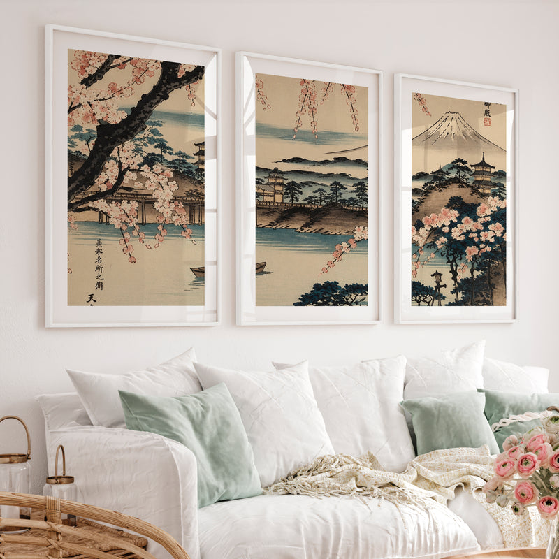 Japanese Wall Art Featuring Abstract Trees in Green Hues - White Framed Poster with White Border - Artworksets