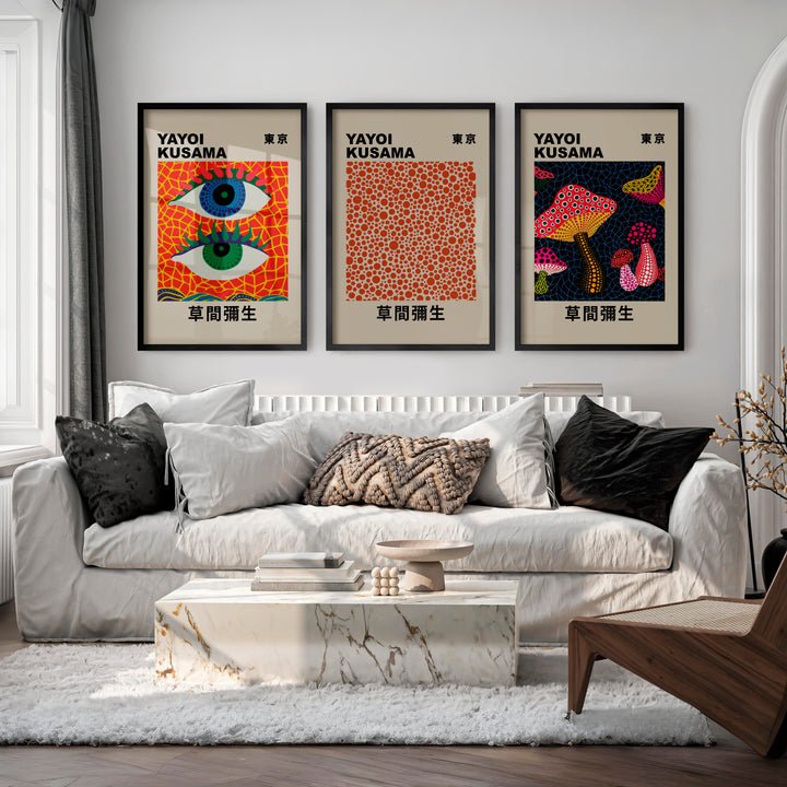 Yayoi Kusama japanese wall art decor with Eyes and Mushrooms - Black Framed Poster No Border - Artworksets