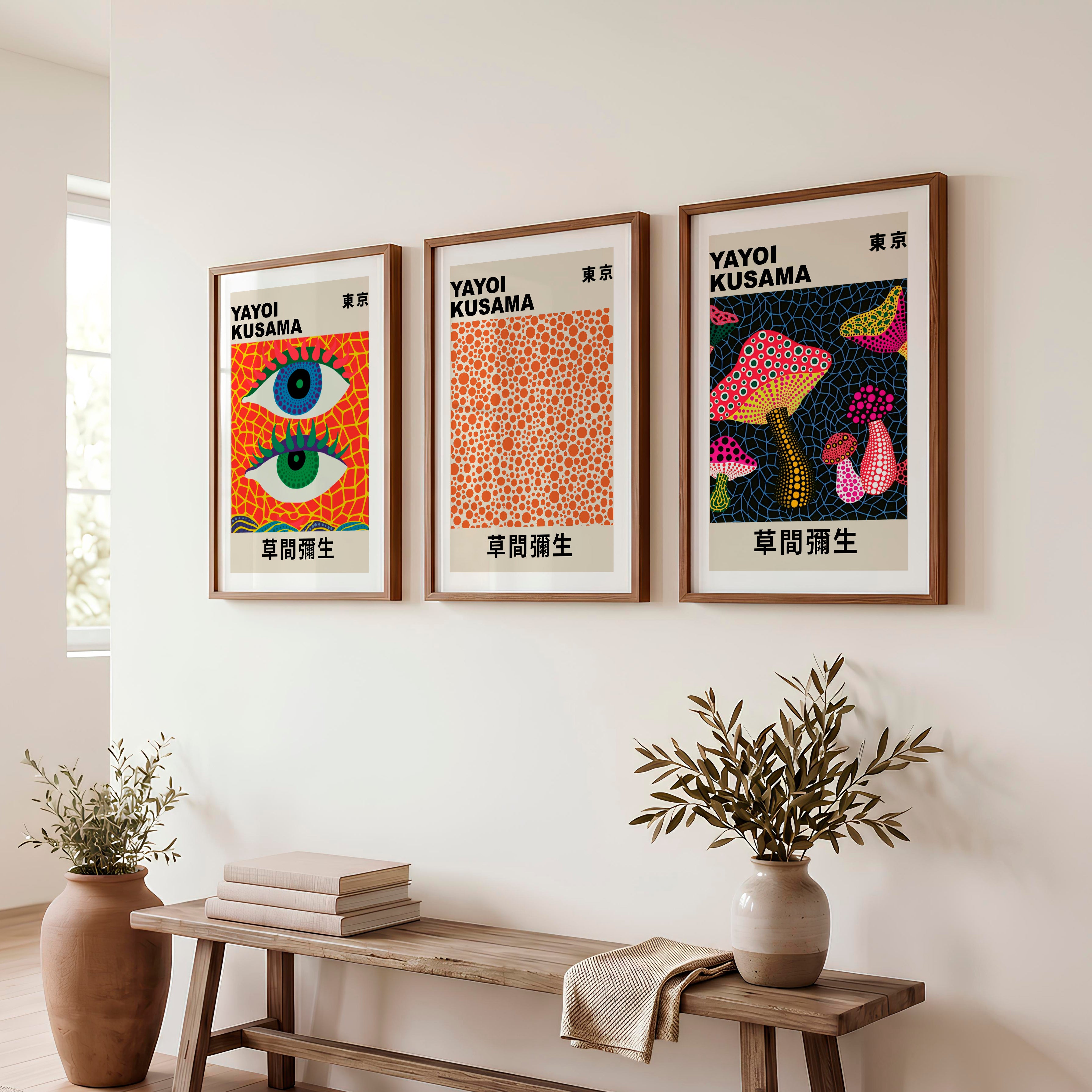 Yayoi Kusama japanese wall art decor with Eyes and Mushrooms - Dark Brown Framed Poster with White Border - Artworksets