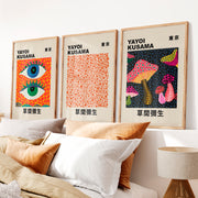 Yayoi Kusama japanese wall art decor with Eyes and Mushrooms - Natural Wood Framed Poster No Border - Artworksets