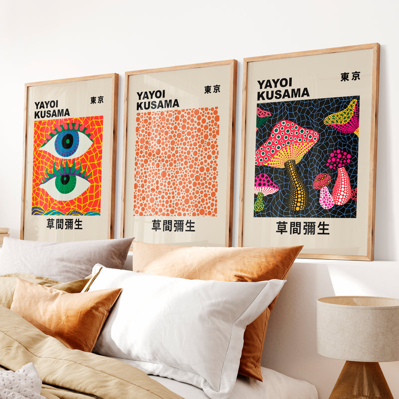 Yayoi Kusama japanese wall art decor with Eyes and Mushrooms - Natural Wood Framed Poster No Border - Artworksets