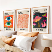 Yayoi Kusama japanese wall art decor with Eyes and Mushrooms- Natural Wood Framed Poster with White Border - Artworksets