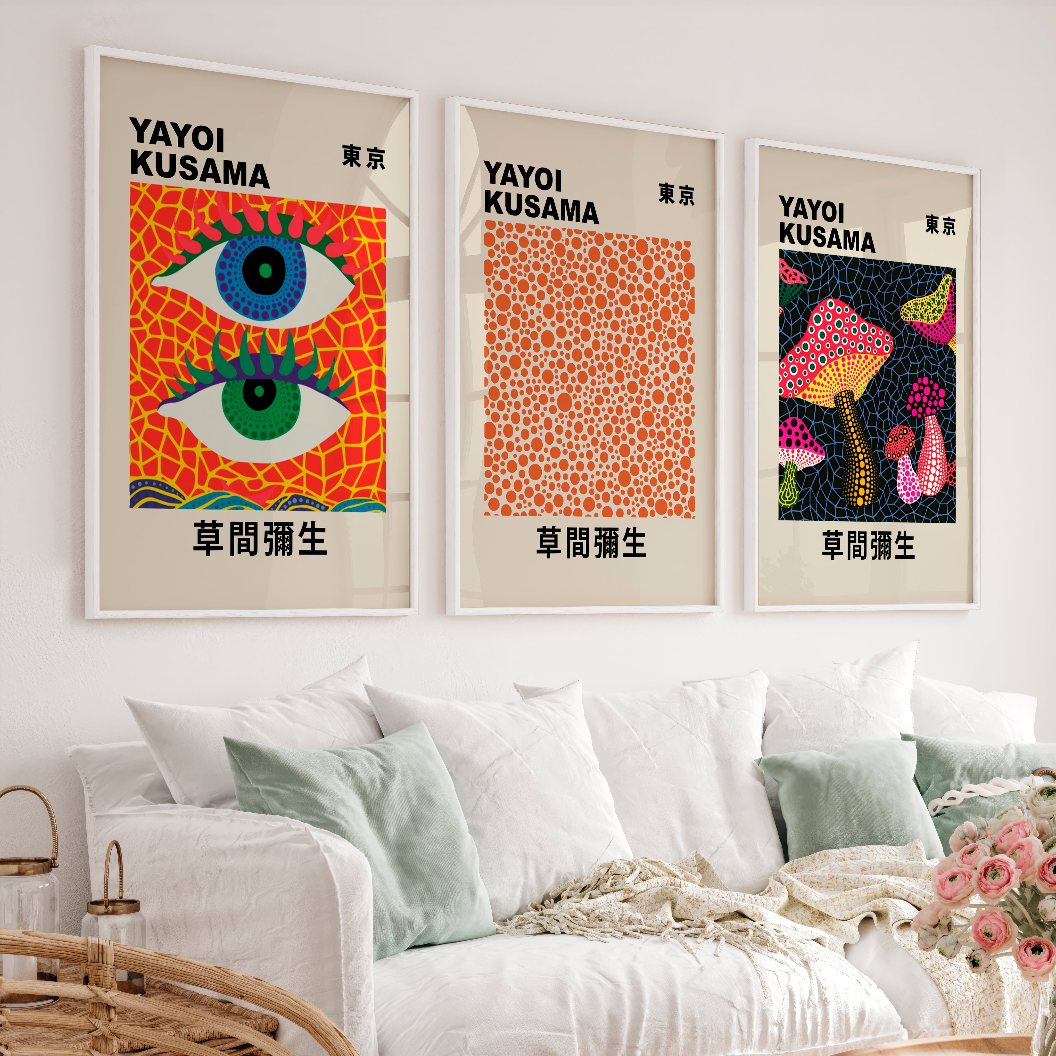 Yayoi Kusama japanese wall art decor with Eyes and Mushrooms - White Framed Poster No Border - Artworksets