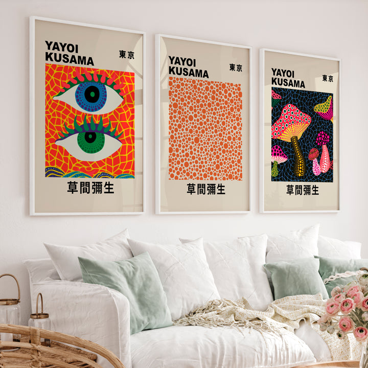 Yayoi Kusama japanese wall art decor with Eyes and Mushrooms - White Framed Poster No Border - Artworksets