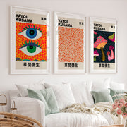 Yayoi Kusama japanese wall art decor with Eyes and Mushrooms - White Framed Poster with White Border - Artworksets