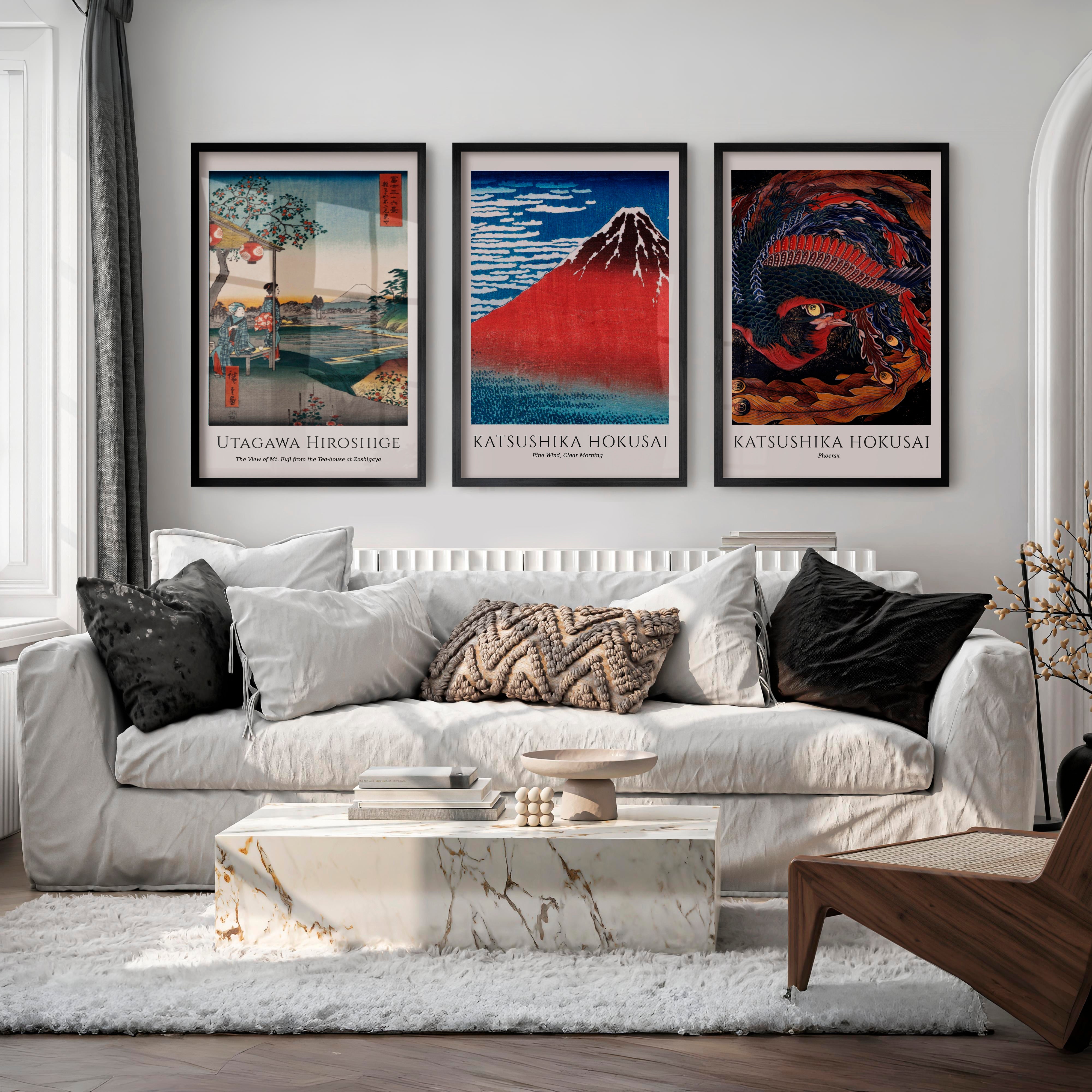 Hokusai and Hiroshige japanese wall art with Fuji and Phoenix - Black Framed Poster No Border - Artworksets