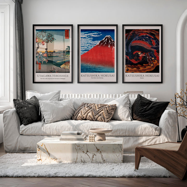 Hokusai and Hiroshige japanese wall art with Fuji and Phoenix - Black Framed Poster No Border - Artworksets