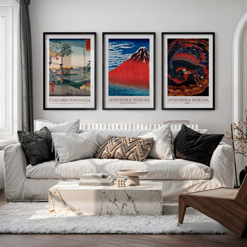 Hokusai and Hiroshige japanese wall art with Fuji and Phoenix - Black Framed Poster with White Border - Artworksets