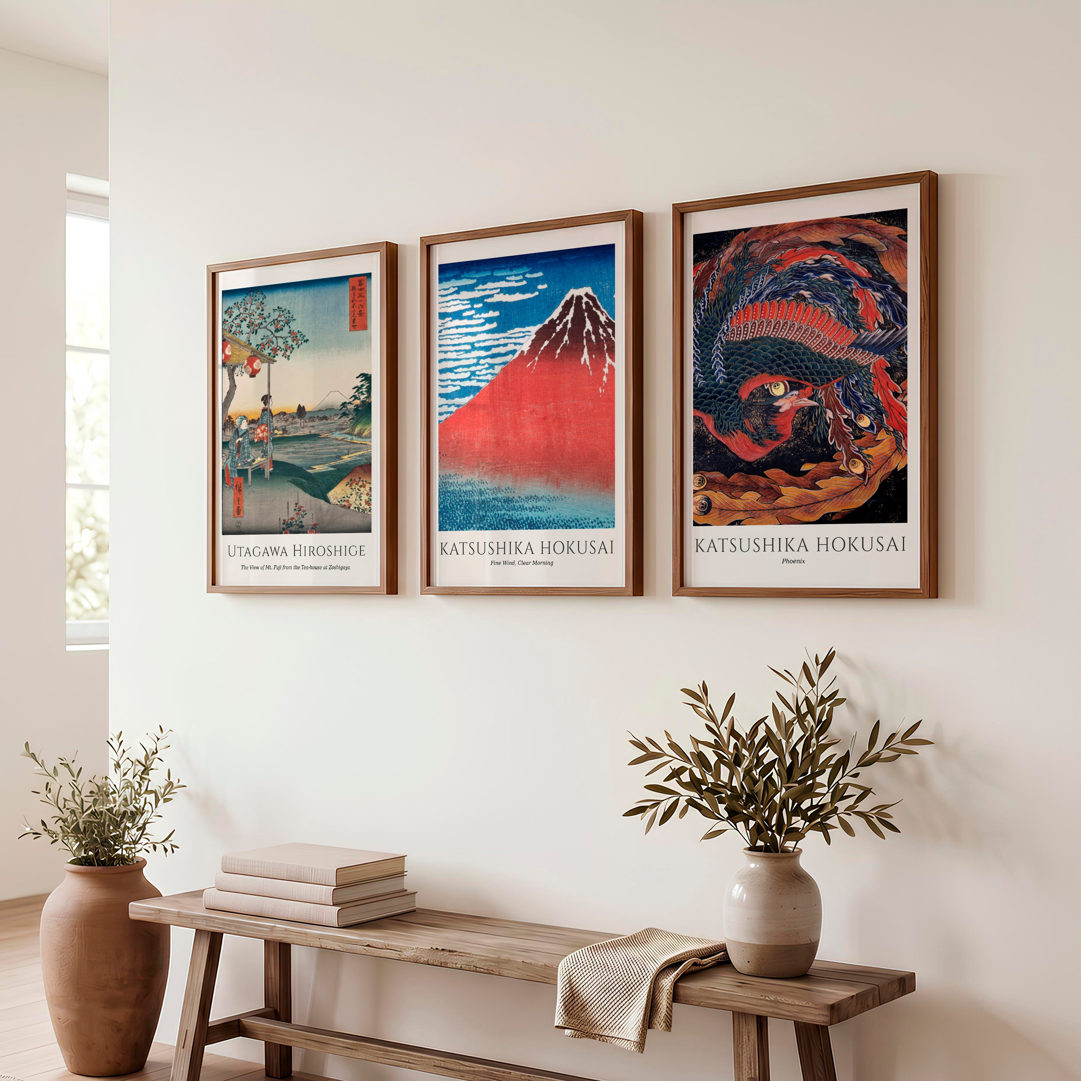 Hokusai and Hiroshige japanese wall art with Fuji and Phoenix - Dark Brown Framed Poster No Border - Artworksets