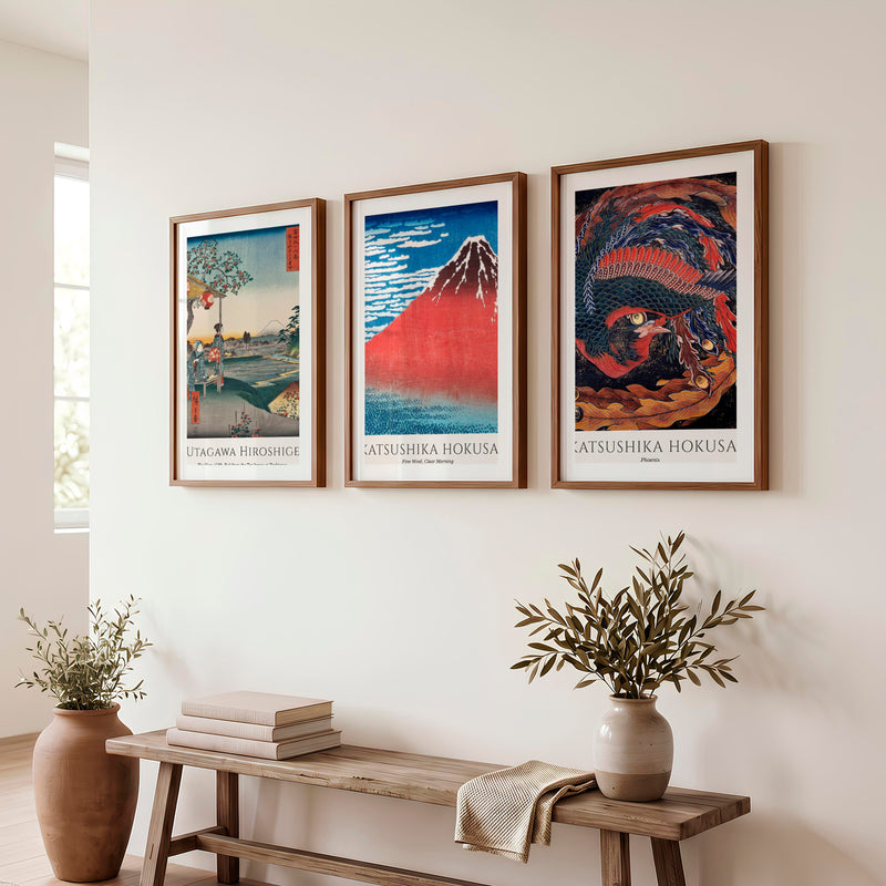 Hokusai and Hiroshige japanese wall art with Fuji and Phoenix - Dark Brown Framed Poster with White Border - Artworksets