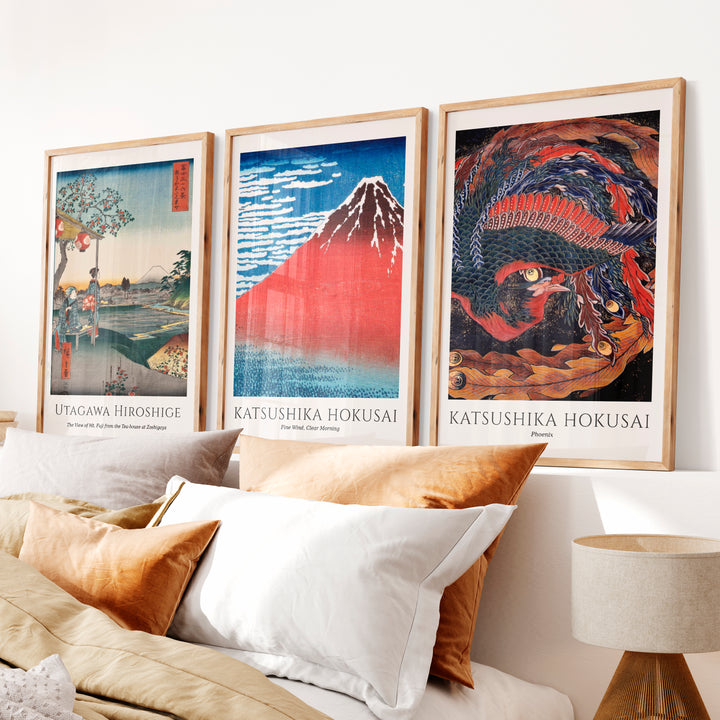 Hokusai and Hiroshige japanese wall art with Fuji and Phoenix - Natural Wood Framed Poster No Border - Artworksets