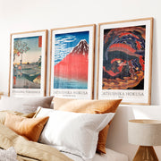 Hokusai and Hiroshige japanese wall art with Fuji and Phoenix- Natural Wood Framed Poster with White Border - Artworksets