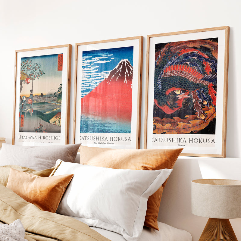 Hokusai and Hiroshige japanese wall art with Fuji and Phoenix- Natural Wood Framed Poster with White Border - Artworksets