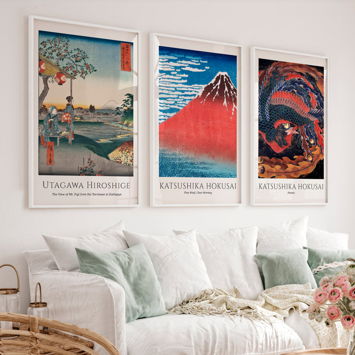 Hokusai and Hiroshige japanese wall art with Fuji and Phoenix - White Framed Poster No Border - Artworksets