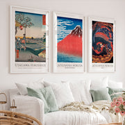Hokusai and Hiroshige japanese wall art with Fuji and Phoenix - White Framed Poster with White Border - Artworksets