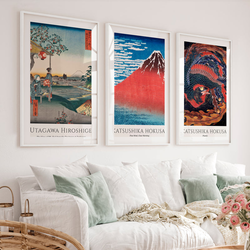 Hokusai and Hiroshige japanese wall art with Fuji and Phoenix - White Framed Poster with White Border - Artworksets