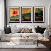 Japanese Wall Art Featuring Misty Mountain Landscape - Black Framed Poster with White Border - Artworksets