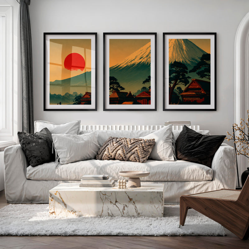 Japanese Wall Art Featuring Misty Mountain Landscape - Black Framed Poster with White Border - Artworksets