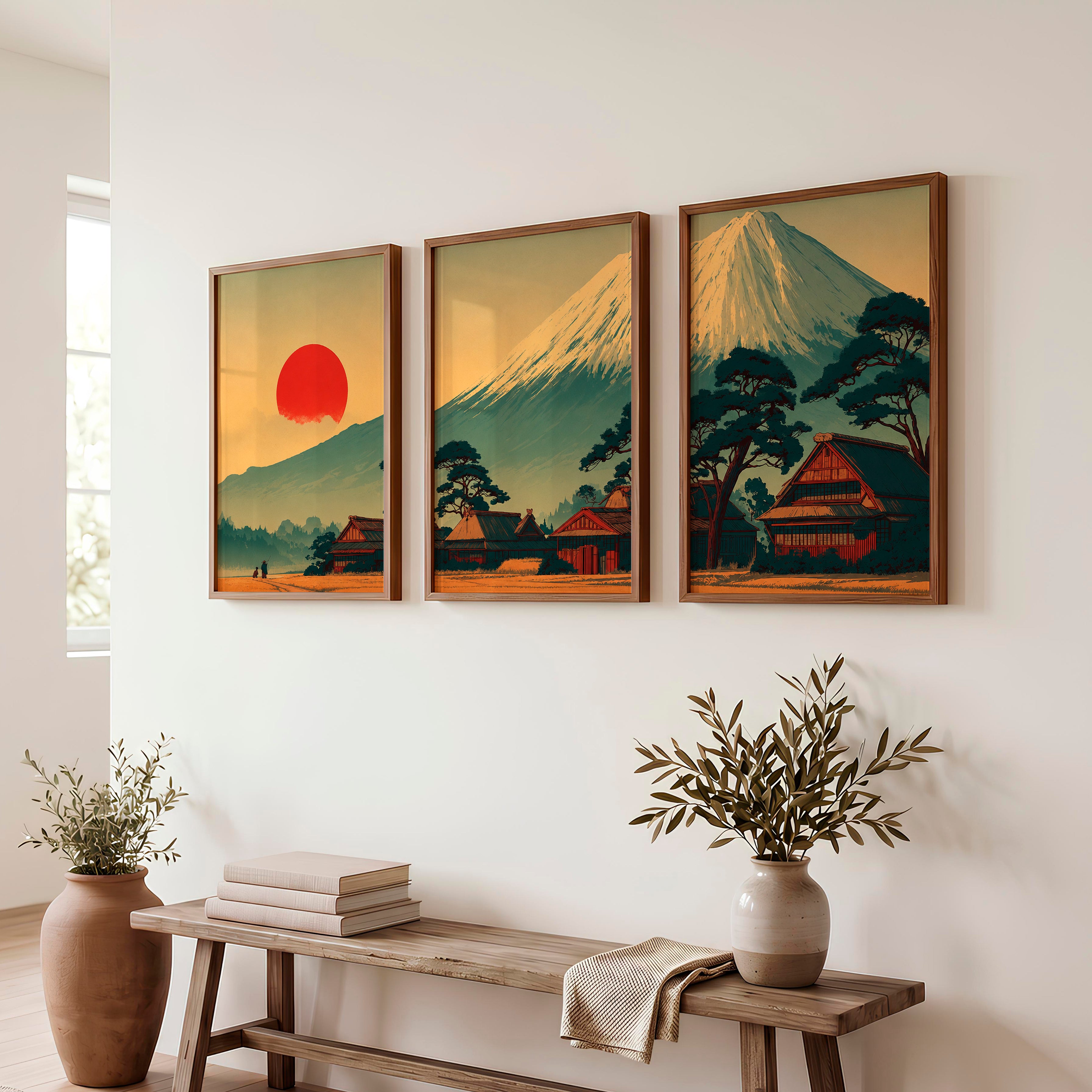 Japanese Wall Art Featuring Misty Mountain Landscape - Dark Brown Framed Poster No Border - Artworksets