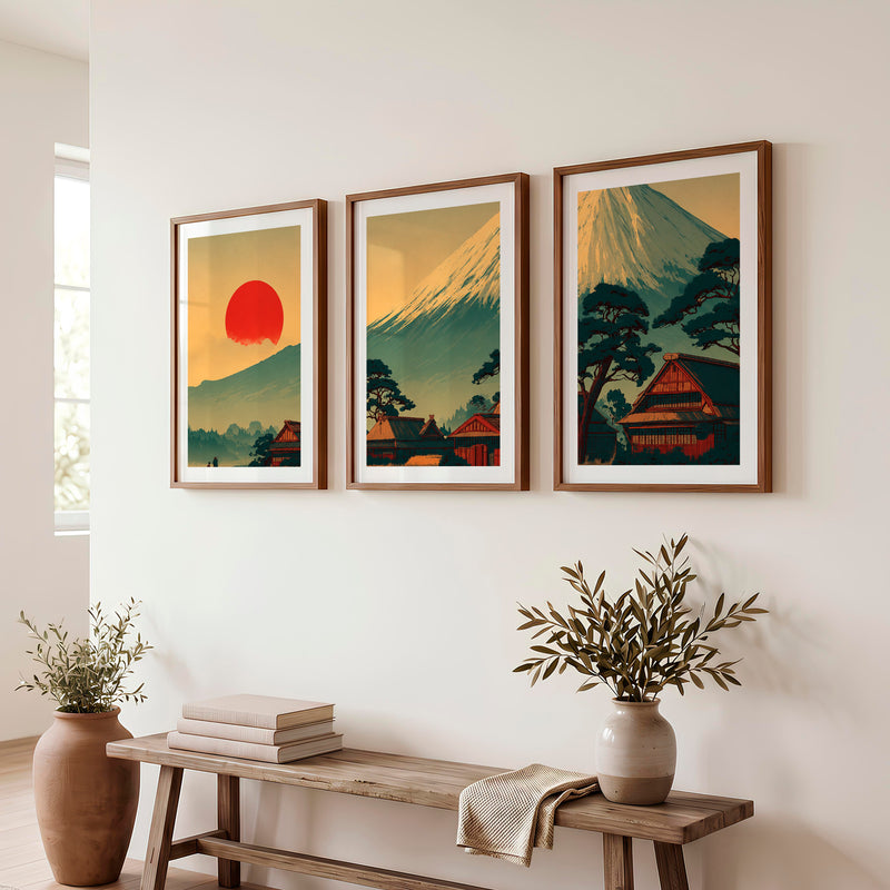 Japanese Wall Art Featuring Misty Mountain Landscape - Dark Brown Framed Poster with White Border - Artworksets