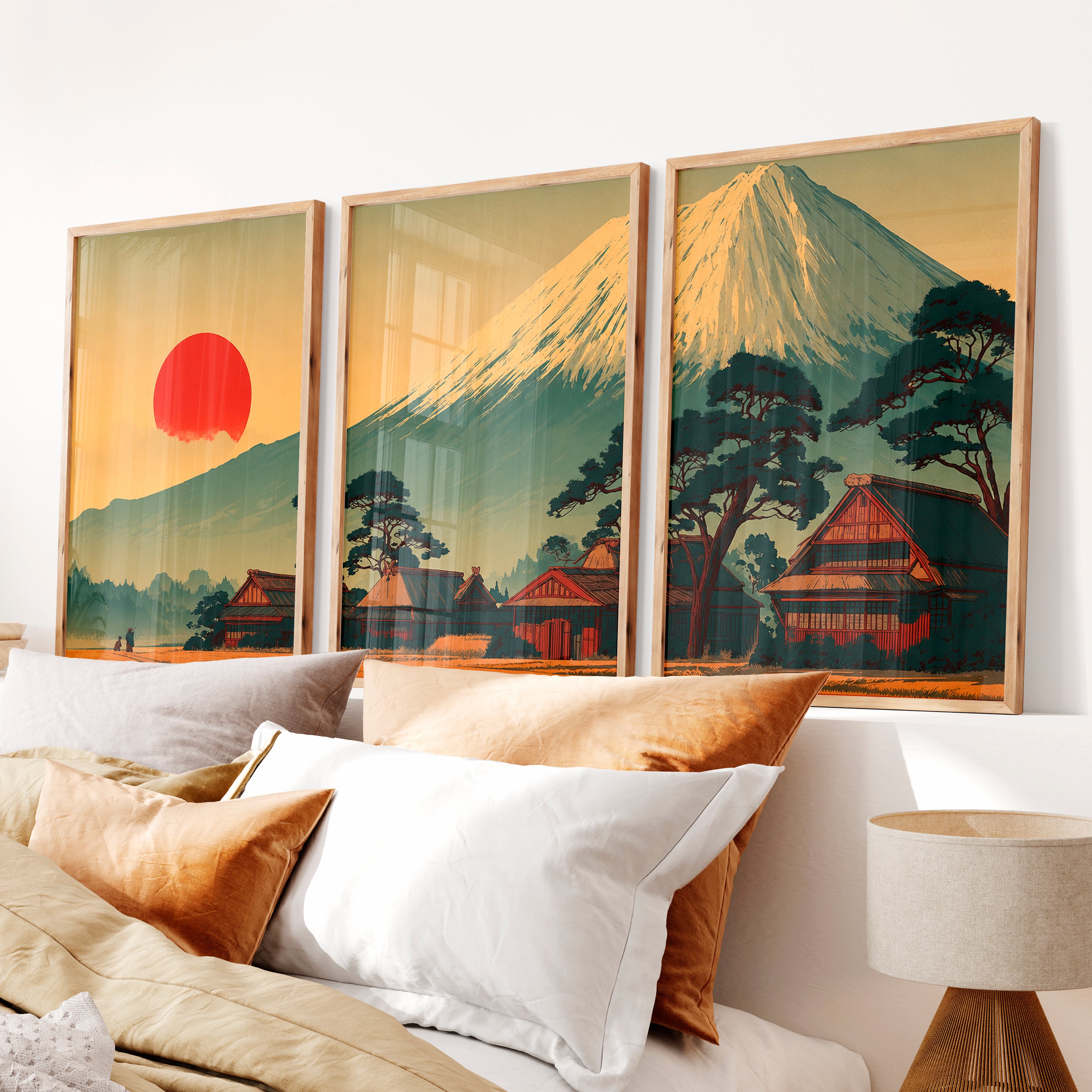 Japanese Wall Art Featuring Misty Mountain Landscape - Natural Wood Framed Poster No Border - Artworksets