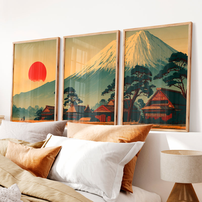 Japanese Wall Art Featuring Misty Mountain Landscape - Natural Wood Framed Poster No Border - Artworksets