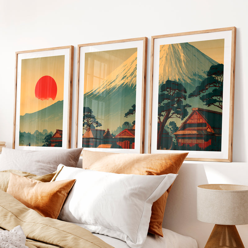 Japanese Wall Art Featuring Misty Mountain Landscape- Natural Wood Framed Poster with White Border - Artworksets