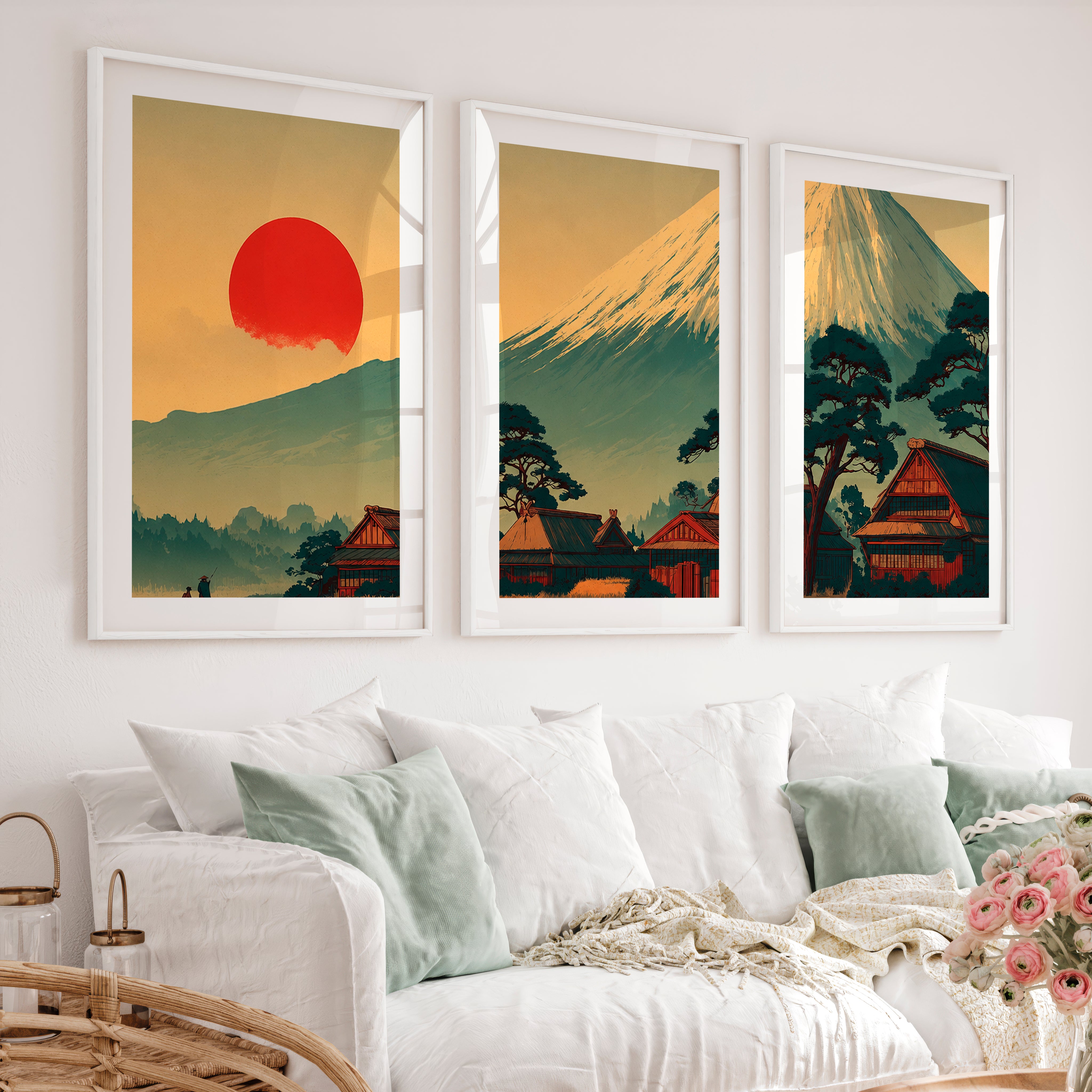 Japanese Wall Art Featuring Misty Mountain Landscape - White Framed Poster with White Border - Artworksets