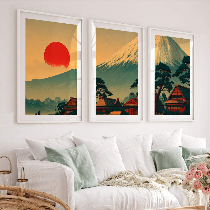 Japanese Wall Art Featuring Misty Mountain Landscape - White Framed Poster with White Border - Artworksets