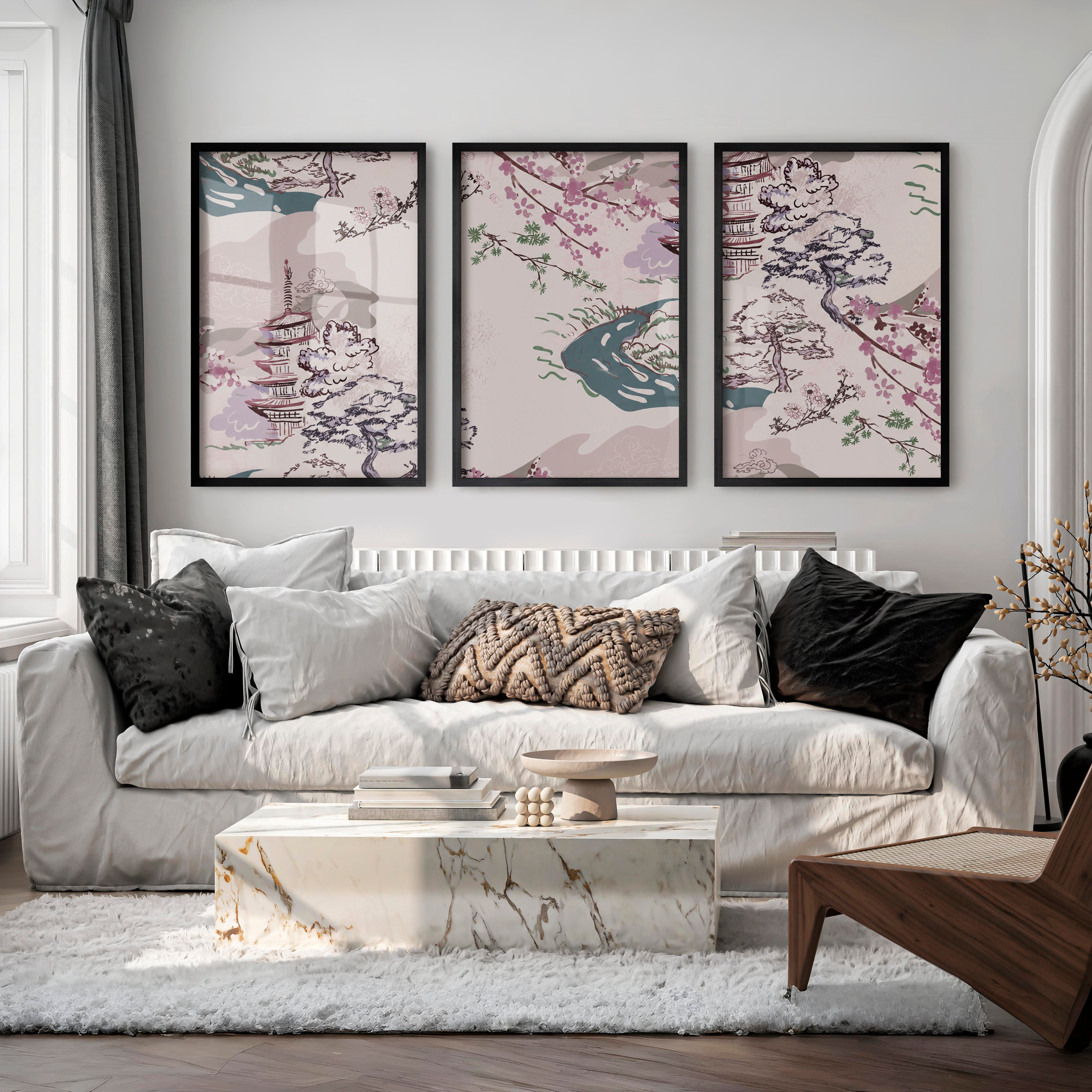 Japanese Wall Art Panels Featuring Botanical Wildflowers - Black Framed Poster No Border - Artworksets