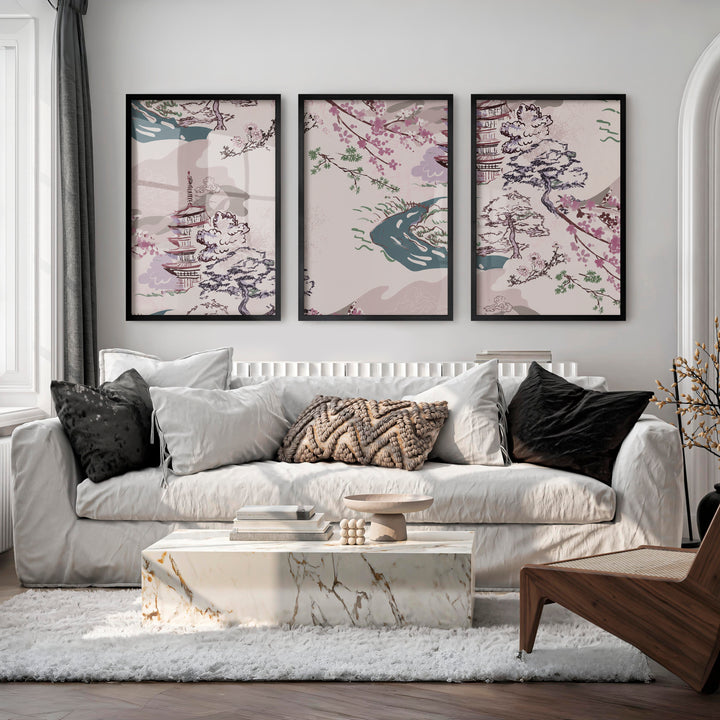 Japanese Wall Art Panels Featuring Botanical Wildflowers - Black Framed Poster No Border - Artworksets