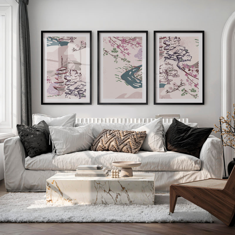 Japanese Wall Art Panels Featuring Botanical Wildflowers - Black Framed Poster with White Border - Artworksets