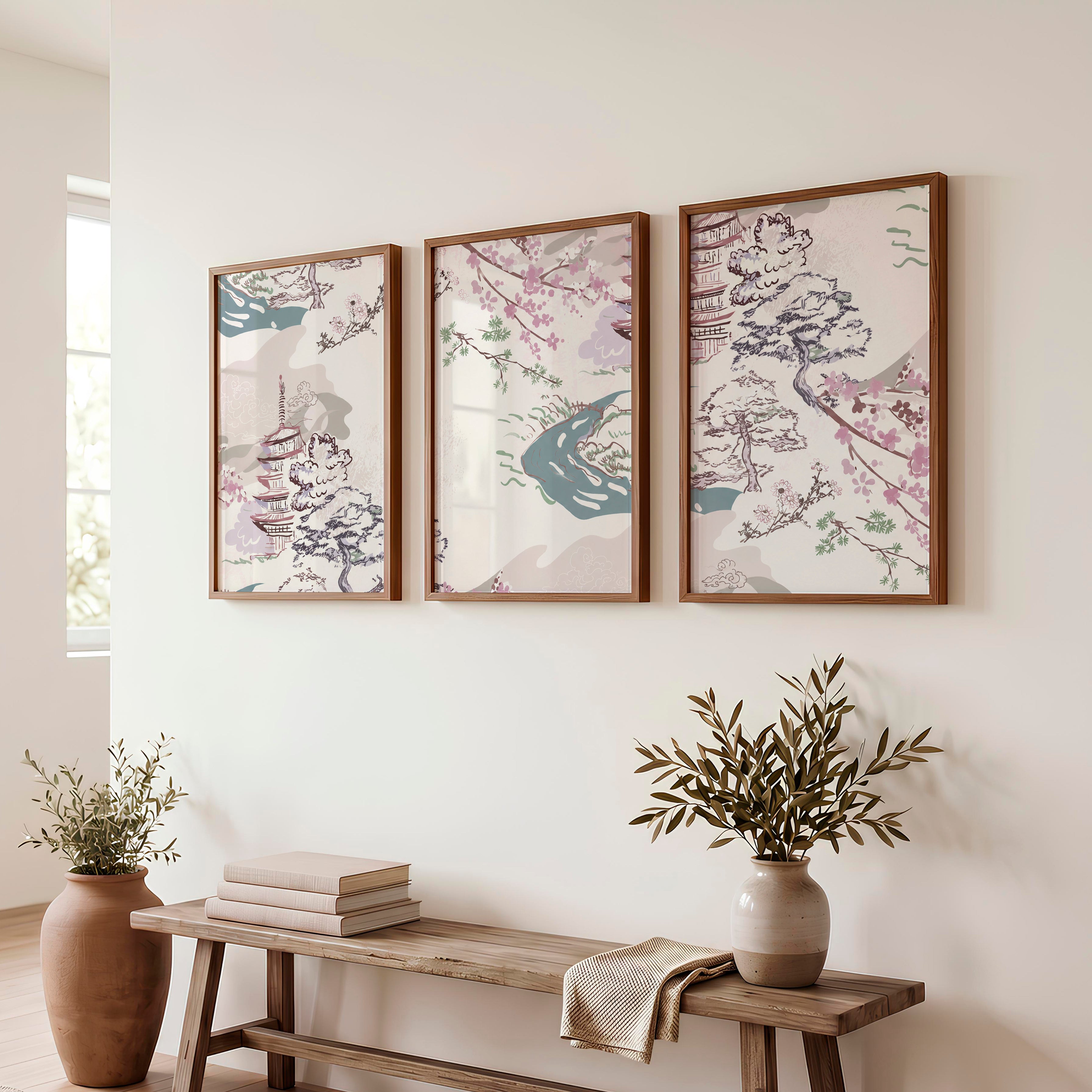 Japanese Wall Art Panels Featuring Botanical Wildflowers - Dark Brown Framed Poster No Border - Artworksets