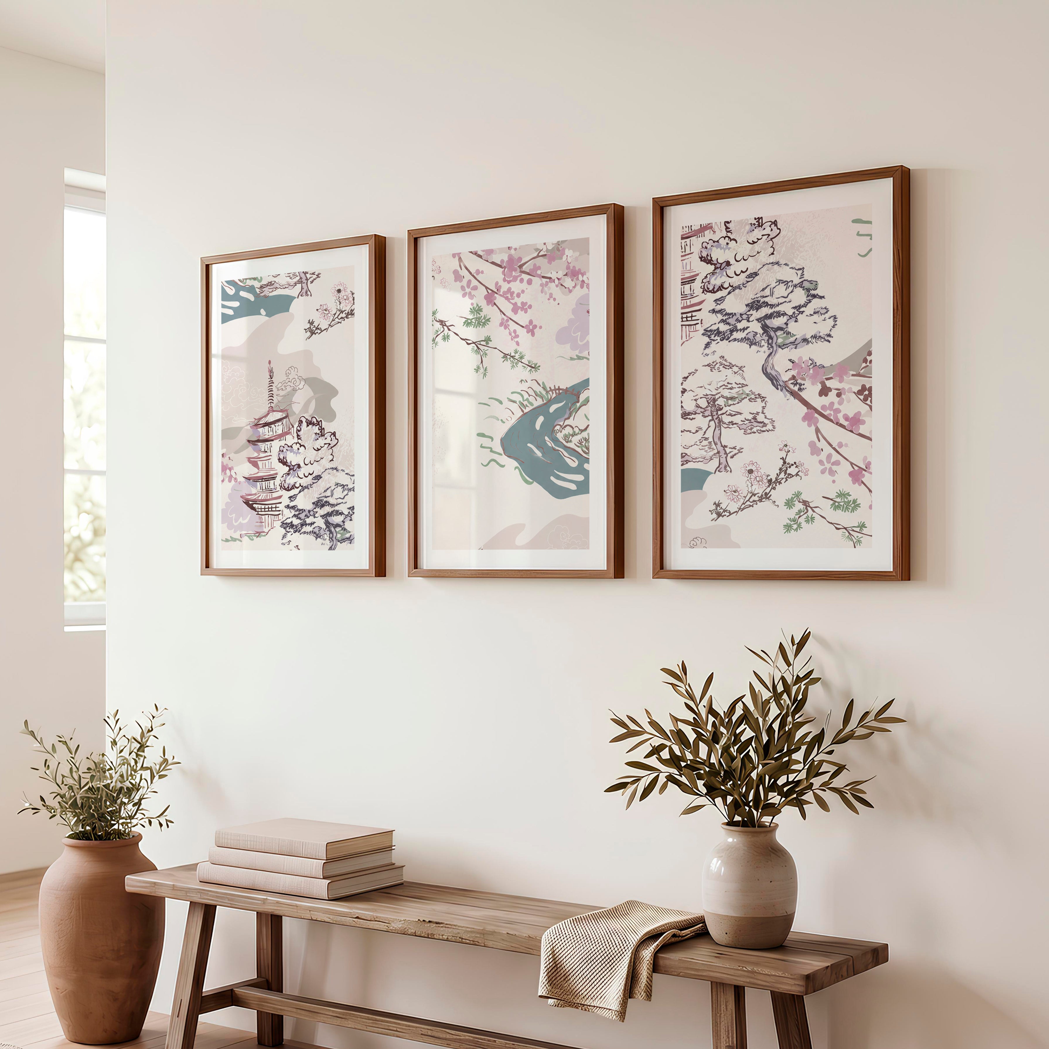 Japanese Wall Art Panels Featuring Botanical Wildflowers - Dark Brown Framed Poster with White Border - Artworksets