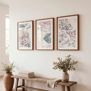 Japanese Wall Art Panels Featuring Botanical Wildflowers - Dark Brown Framed Poster with White Border - Artworksets