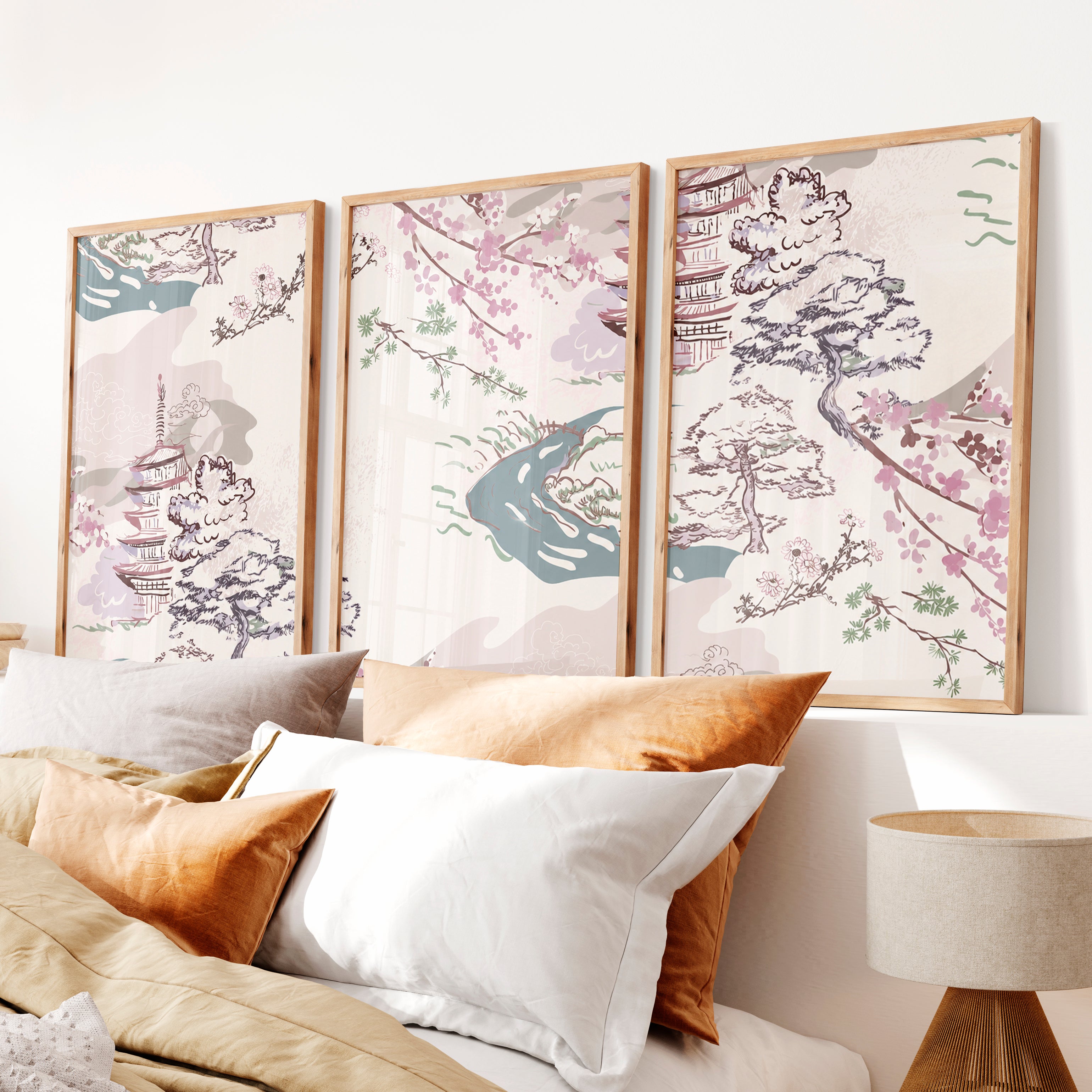Japanese Wall Art Panels Featuring Botanical Wildflowers - Natural Wood Framed Poster No Border - Artworksets