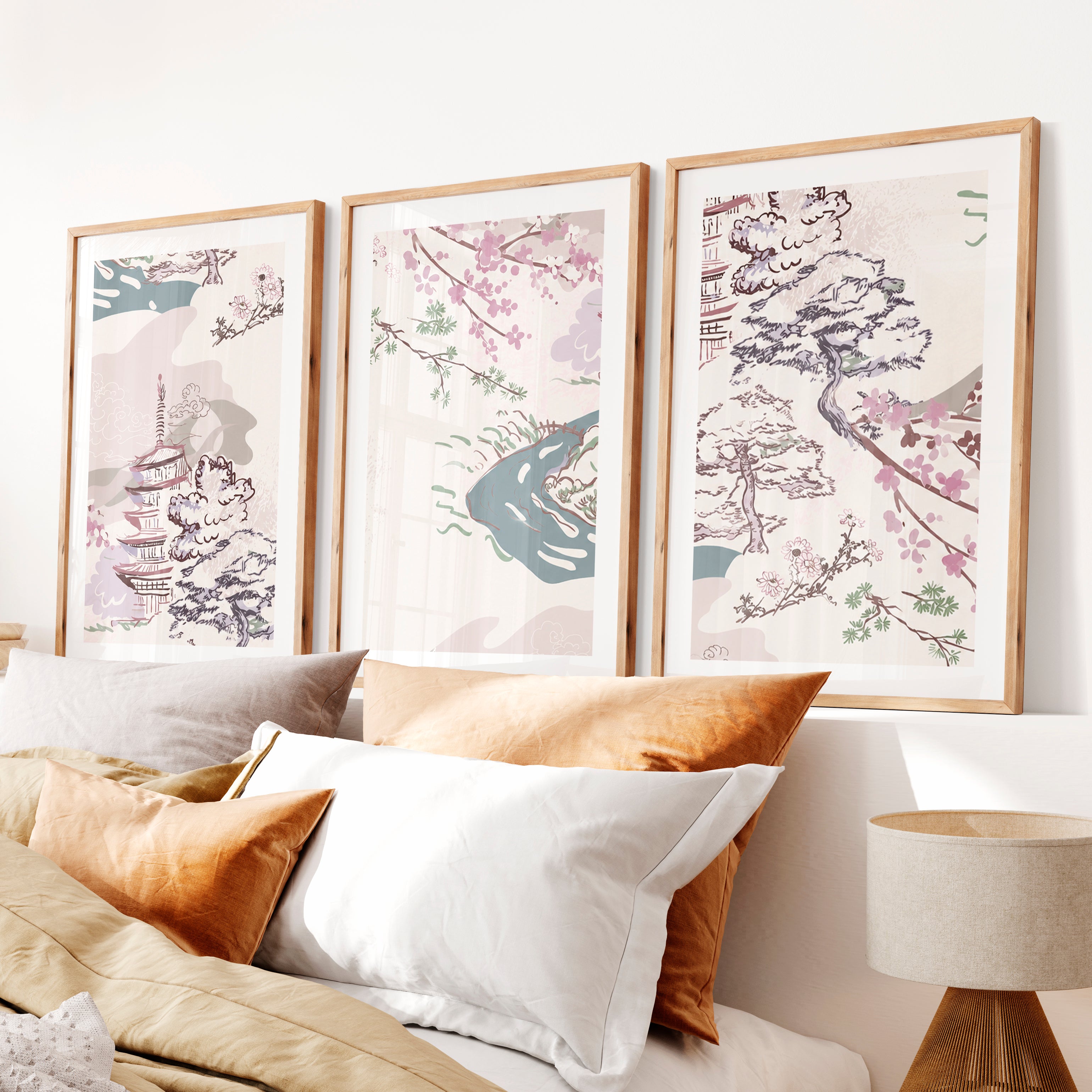 Japanese Wall Art Panels Featuring Botanical Wildflowers- Natural Wood Framed Poster with White Border - Artworksets