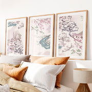 Japanese Wall Art Panels Featuring Botanical Wildflowers- Natural Wood Framed Poster with White Border - Artworksets