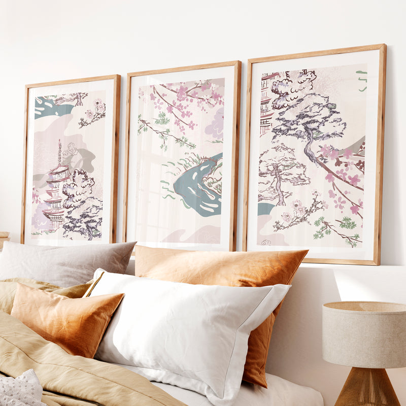 Japanese Wall Art Panels Featuring Botanical Wildflowers- Natural Wood Framed Poster with White Border - Artworksets