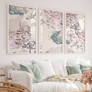 Japanese Wall Art Panels Featuring Botanical Wildflowers - White Framed Poster No Border - Artworksets