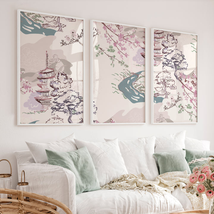 Japanese Wall Art Panels Featuring Botanical Wildflowers - White Framed Poster No Border - Artworksets