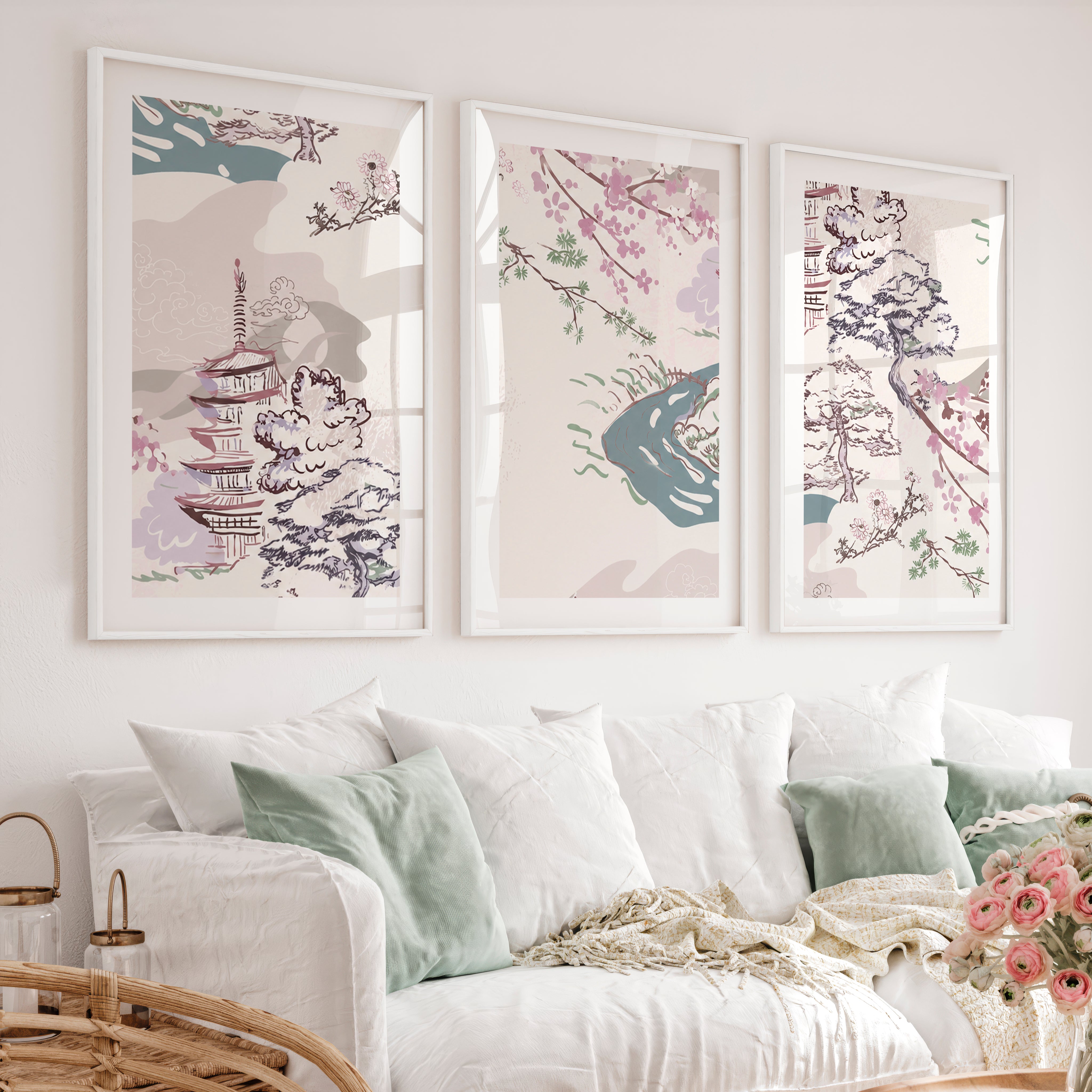 Japanese Wall Art Panels Featuring Botanical Wildflowers - White Framed Poster with White Border - Artworksets
