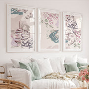 Japanese Wall Art Panels Featuring Botanical Wildflowers - White Framed Poster with White Border - Artworksets